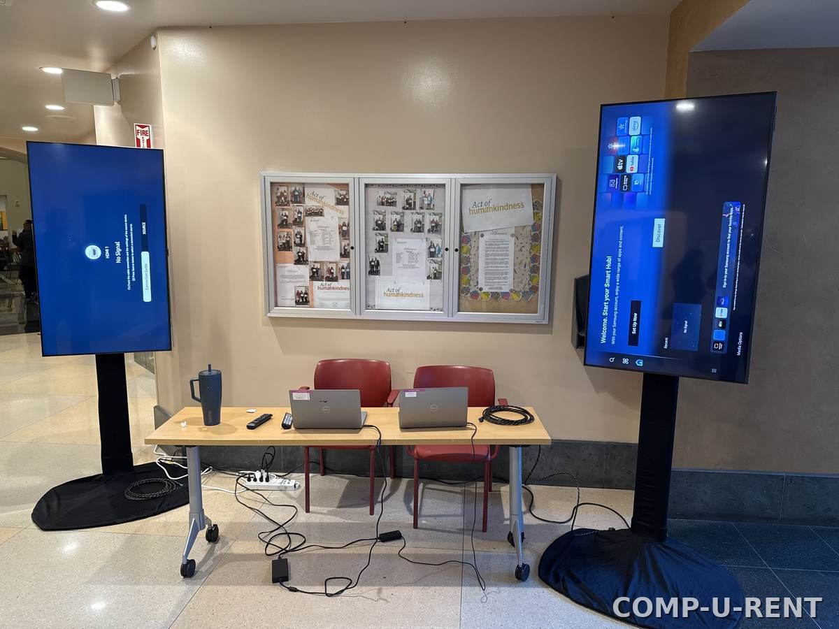 Dual TV rental setup in a hospital lobby