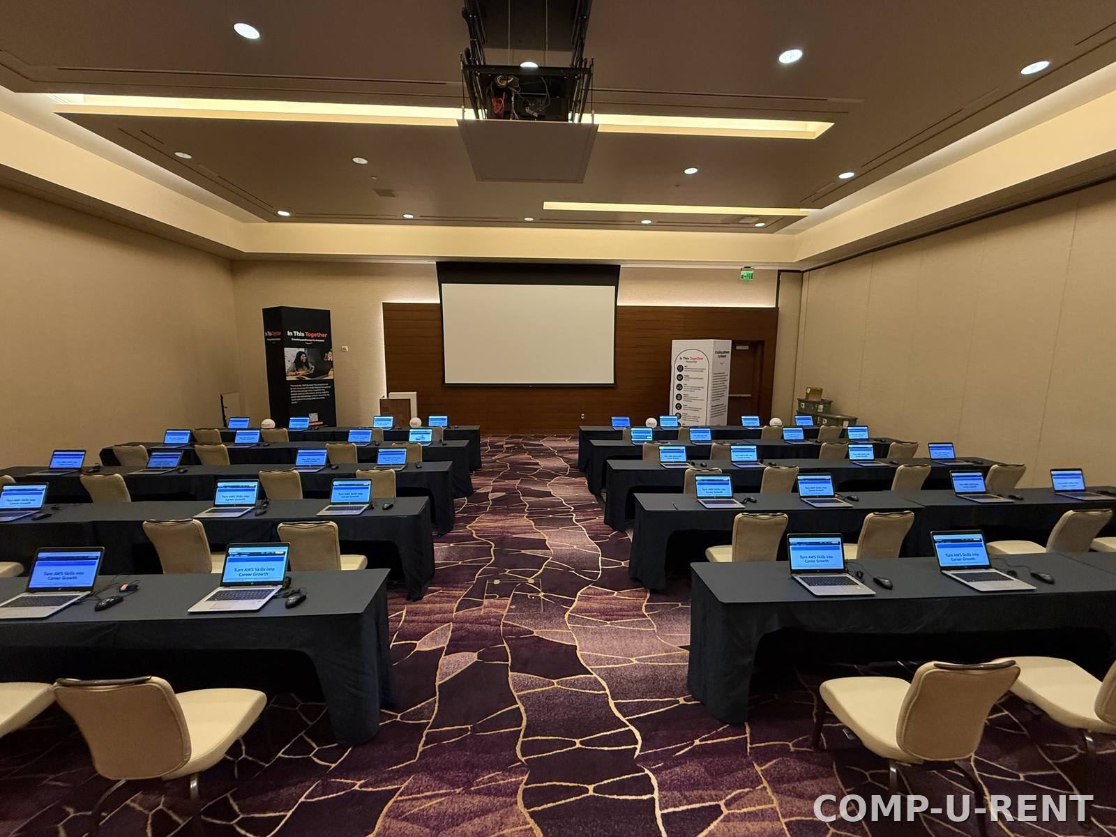 Full training room setup with rows of laptop rentals