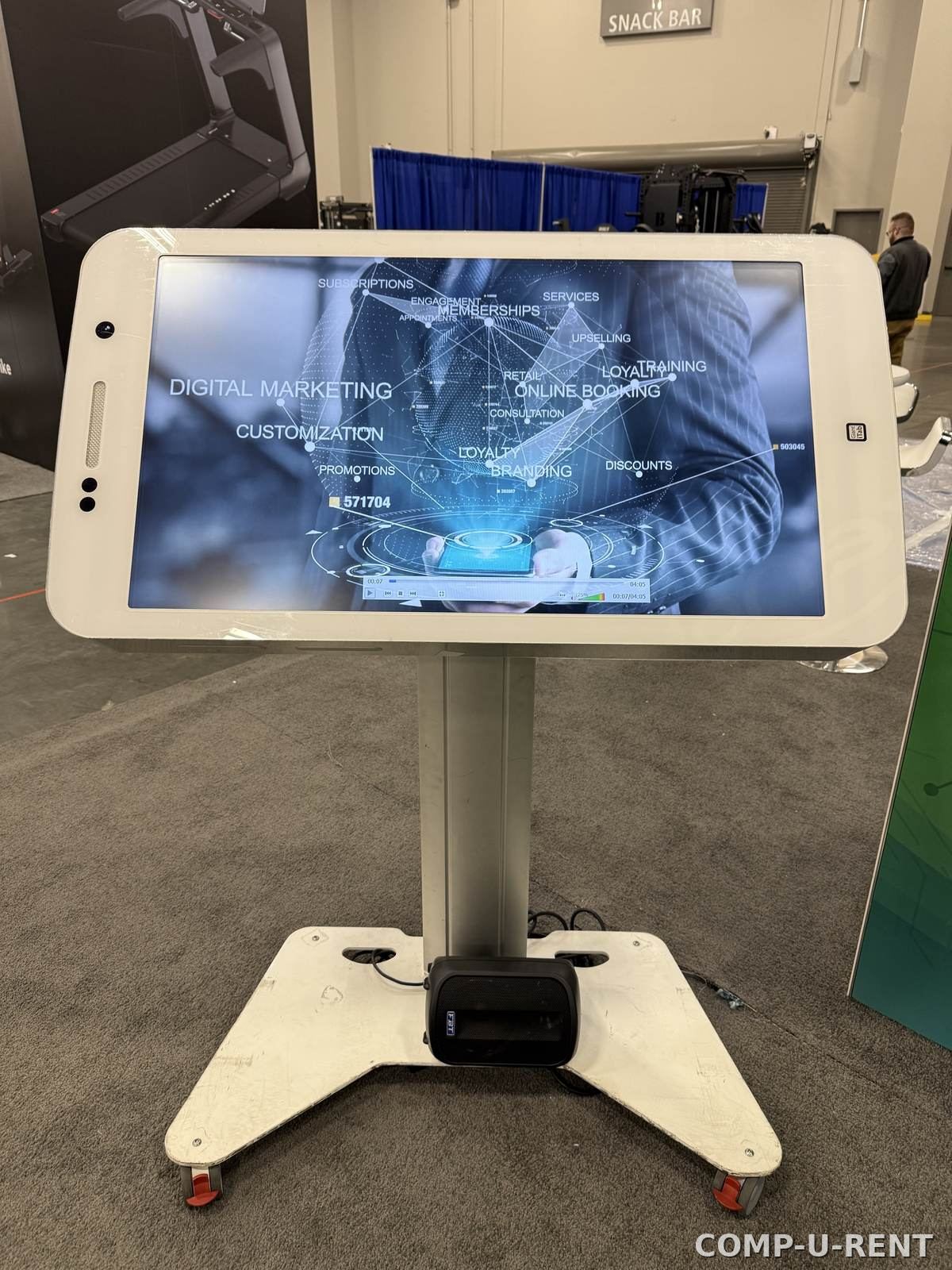 Touch screen kiosk displaying marketing content